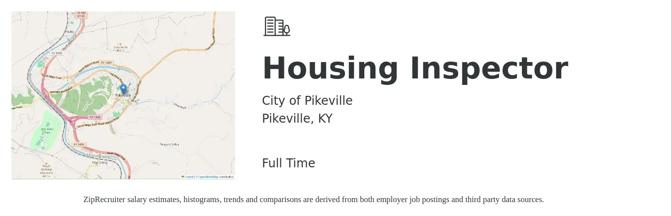 City of Pikeville job posting for a Housing Inspector in Pikeville, KY with a salary of $41,300 to $60,300 Yearly with a map of Pikeville location.