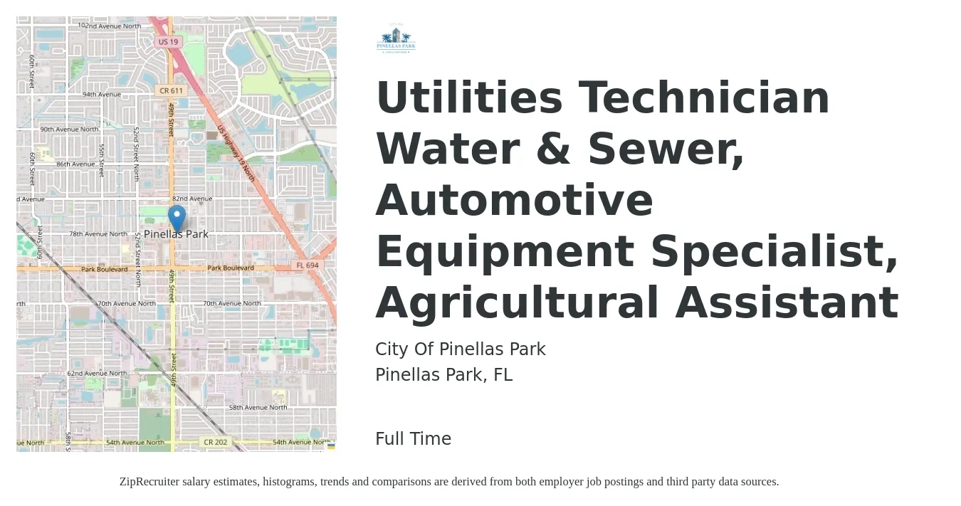 City Of Pinellas Park job posting for a Utilities Technician Water & Sewer, Automotive Equipment Specialist, Agricultural Assistant in Pinellas Park, FL with a salary of $16 to $26 Hourly with a map of Pinellas Park location.