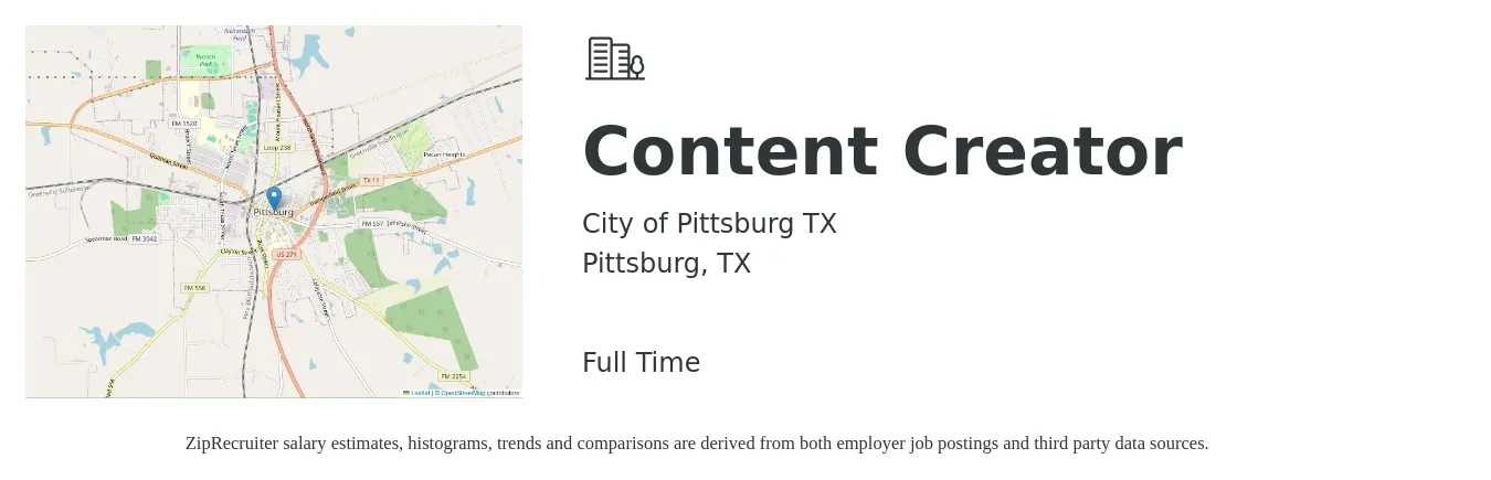 City of Pittsburg TX job posting for a Content Creator in Pittsburg, TX with a salary of $34 to $65 Hourly with a map of Pittsburg location.
