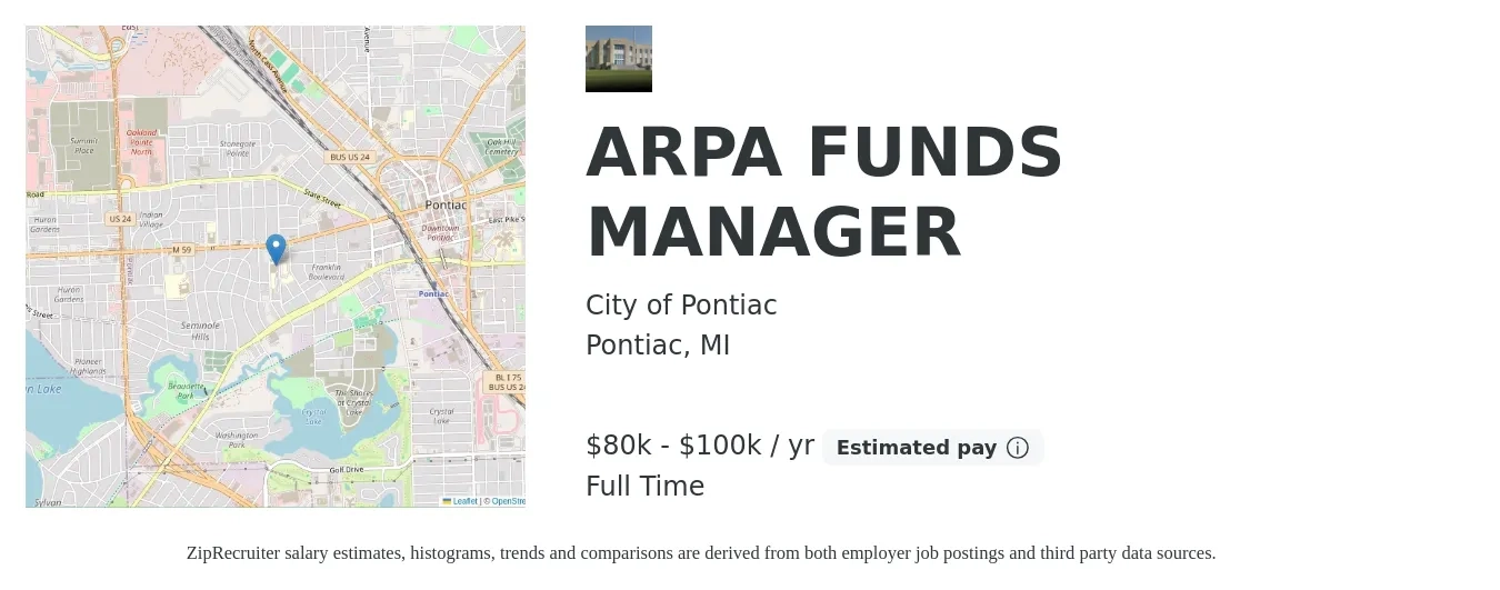 City of Pontiac job posting for a ARPA FUNDS MANAGER in Pontiac, MI with a salary of $80,000 to $100,000 Yearly with a map of Pontiac location.