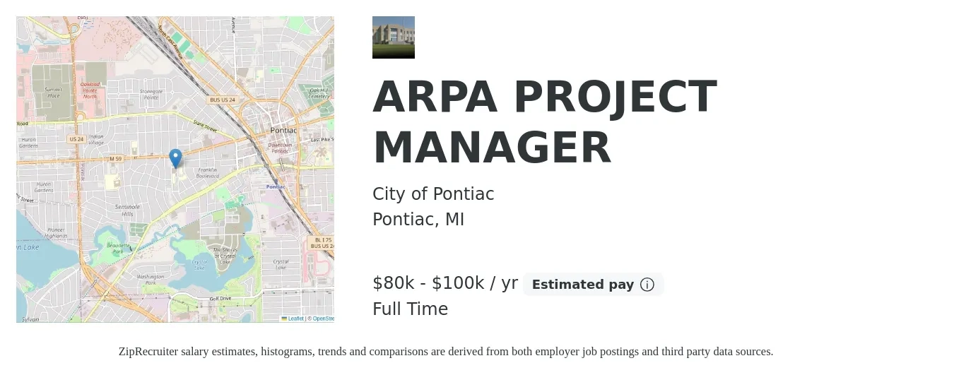 City of Pontiac job posting for a ARPA PROJECT MANAGER in Pontiac, MI with a salary of $80,000 to $100,000 Yearly with a map of Pontiac location.