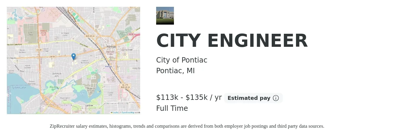 City of Pontiac job posting for a CITY ENGINEER in Pontiac, MI with a salary of $113,000 to $135,000 Yearly with a map of Pontiac location.