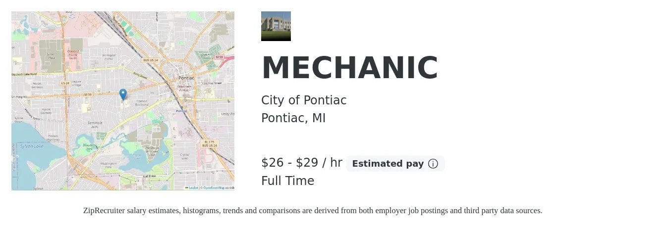 City of Pontiac job posting for a MECHANIC in Pontiac, MI with a salary of $28 to $31 Hourly with a map of Pontiac location.