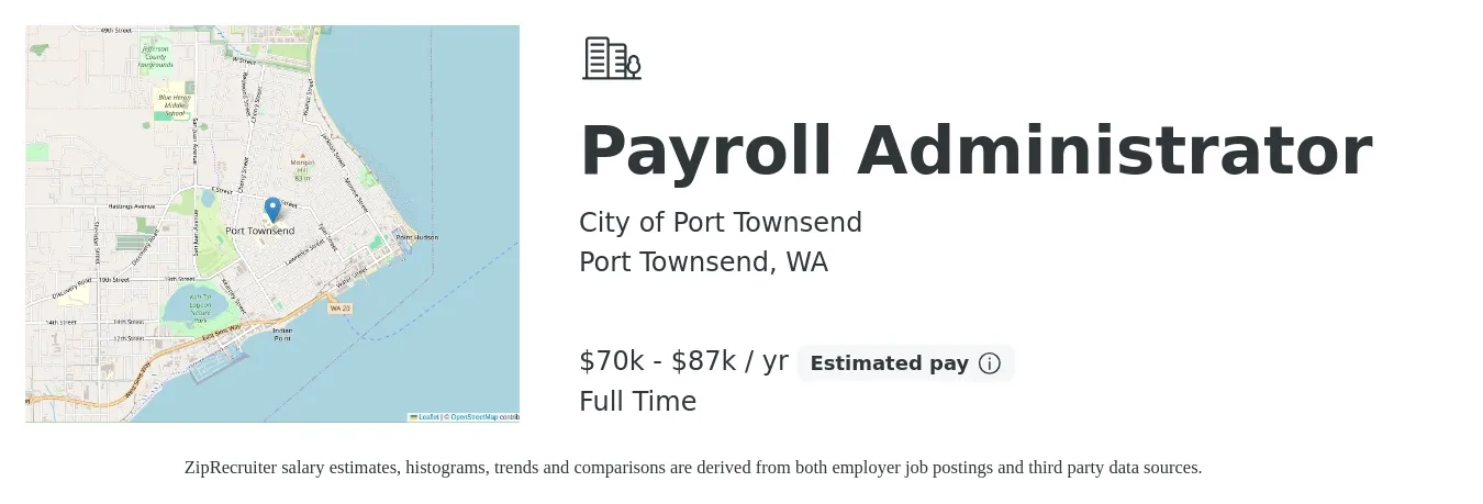 City of Port Townsend job posting for a Payroll Administrator in Port Townsend, WA with a salary of $70,513 to $87,436 Yearly with a map of Port Townsend location.