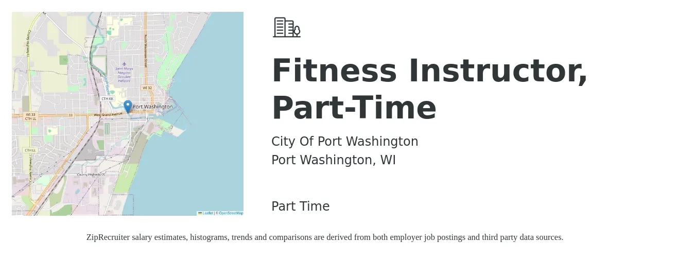City of Port Washington job posting for a Fitness Instructor, Part-Time in Port Washington, WI with a salary of $17 to $28 Hourly with a map of Port Washington location.