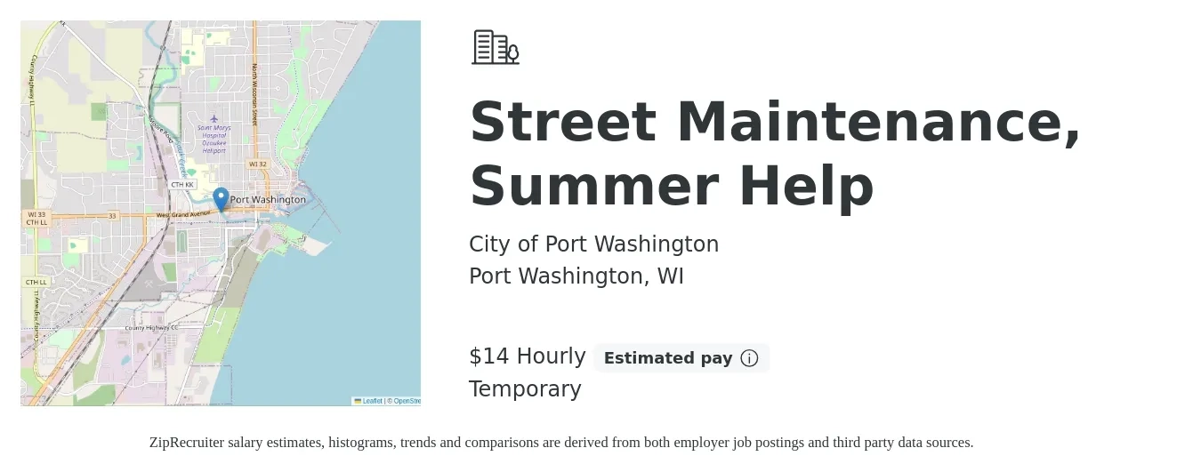 City of Port Washington job posting for a Street Maintenance, Summer Help in Port Washington, WI with a salary of $15 Hourly with a map of Port Washington location.