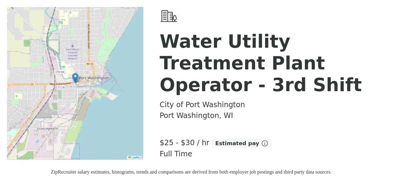 City of Port Washington job posting for a Water Utility Treatment Plant Operator - 3rd Shift in Port Washington, WI with a salary of $27 to $31 Hourly with a map of Port Washington location.