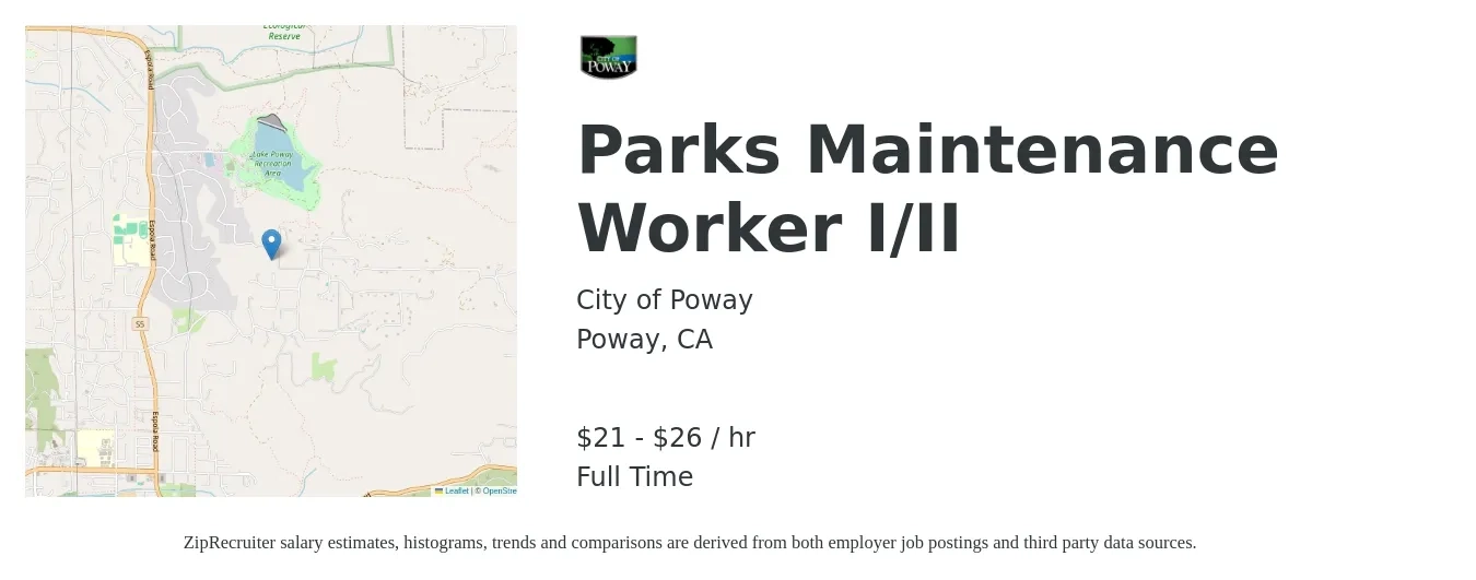 City of Poway job posting for a Parks Maintenance Worker I/II in Poway, CA with a salary of $22 to $27 Hourly with a map of Poway location.