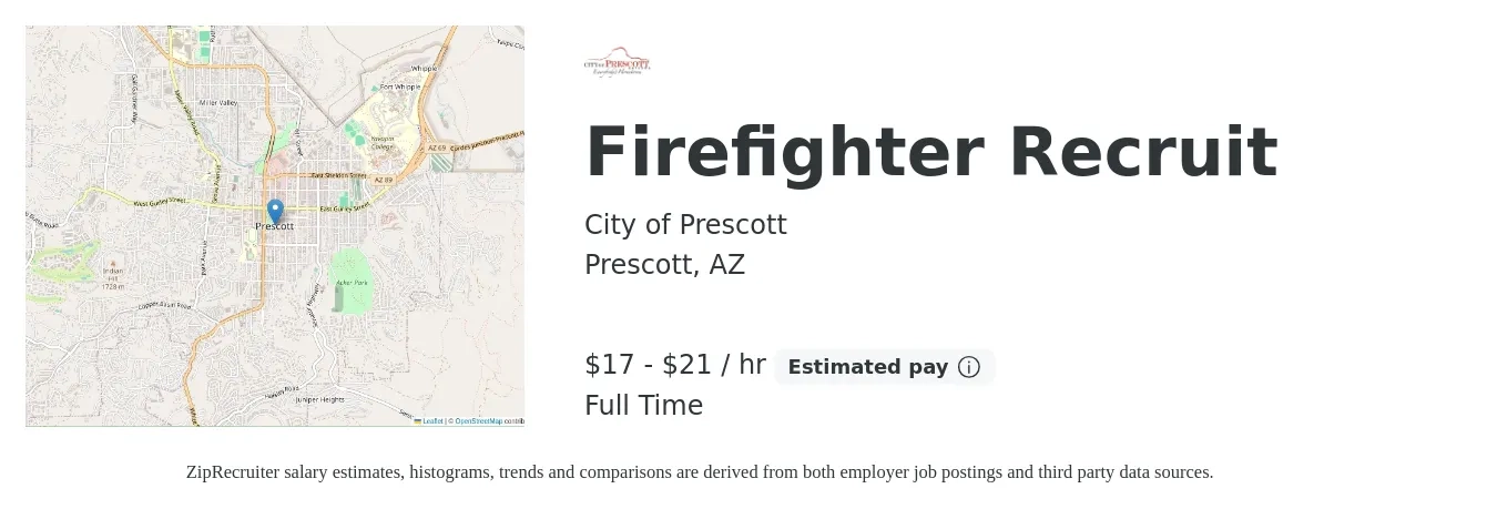 City of Prescott job posting for a Firefighter Recruit in Prescott, AZ with a salary of $18 to $22 Hourly with a map of Prescott location.