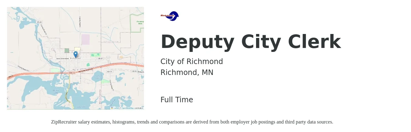 City of Richmond job posting for a Deputy City Clerk in Richmond, MN with a salary of $43,700 to $76,400 Yearly with a map of Richmond location.