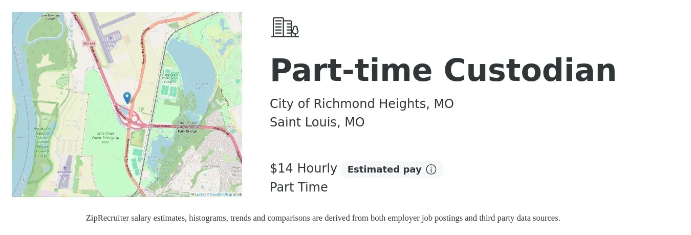 City of Richmond Heights, MO job posting for a Part-time Custodian in Saint Louis, MO with a salary of $16 Hourly with a map of Saint Louis location.