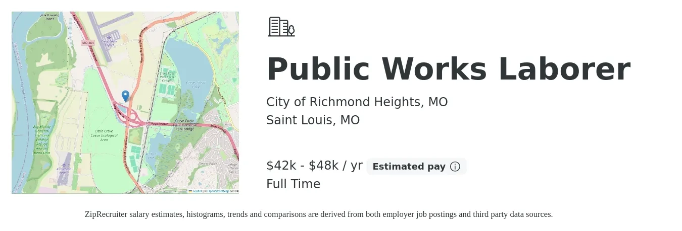City of Richmond Heights, MO job posting for a Public Works Laborer in Saint Louis, MO with a salary of $42,218 to $48,634 Yearly with a map of Saint Louis location.