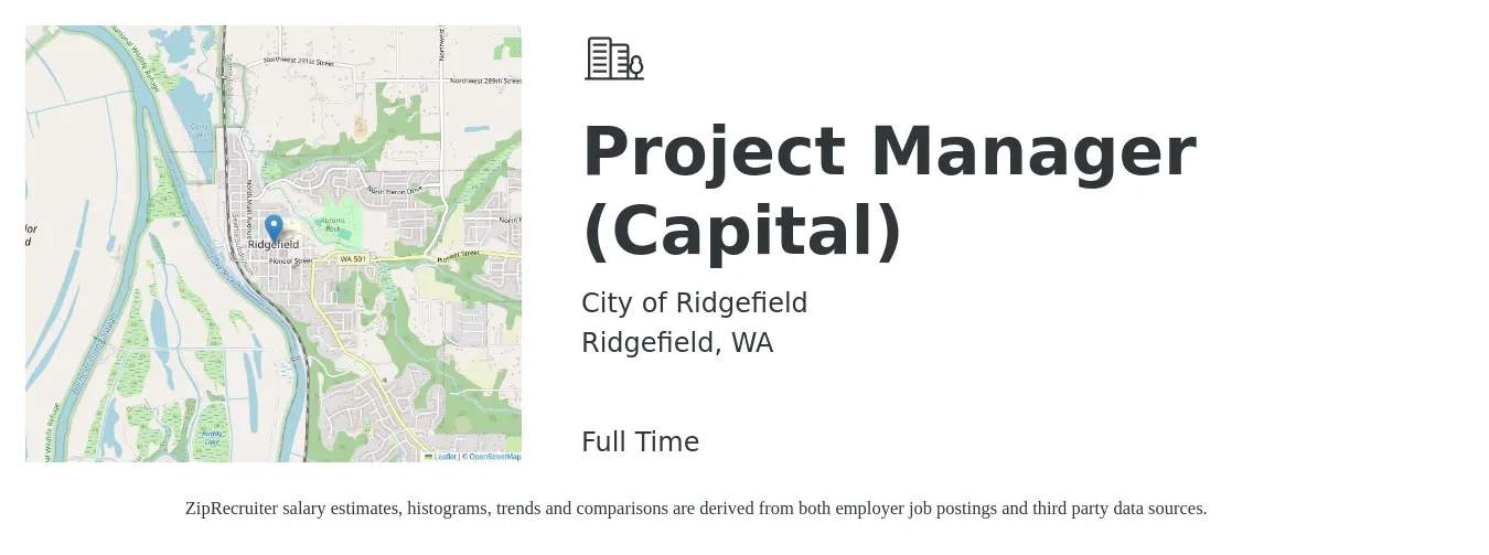 City of Ridgefield job posting for a Project Manager (Capital) in Ridgefield, WA with a salary of $75,076 to $98,861 Yearly with a map of Ridgefield location.