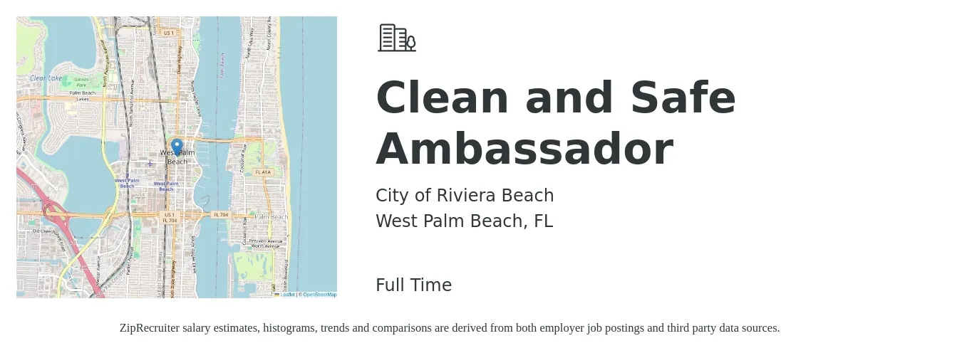 City of Riviera Beach job posting for a Clean and Safe Ambassador in West Palm Beach, FL with a salary of $16 to $23 Hourly with a map of West Palm Beach location.