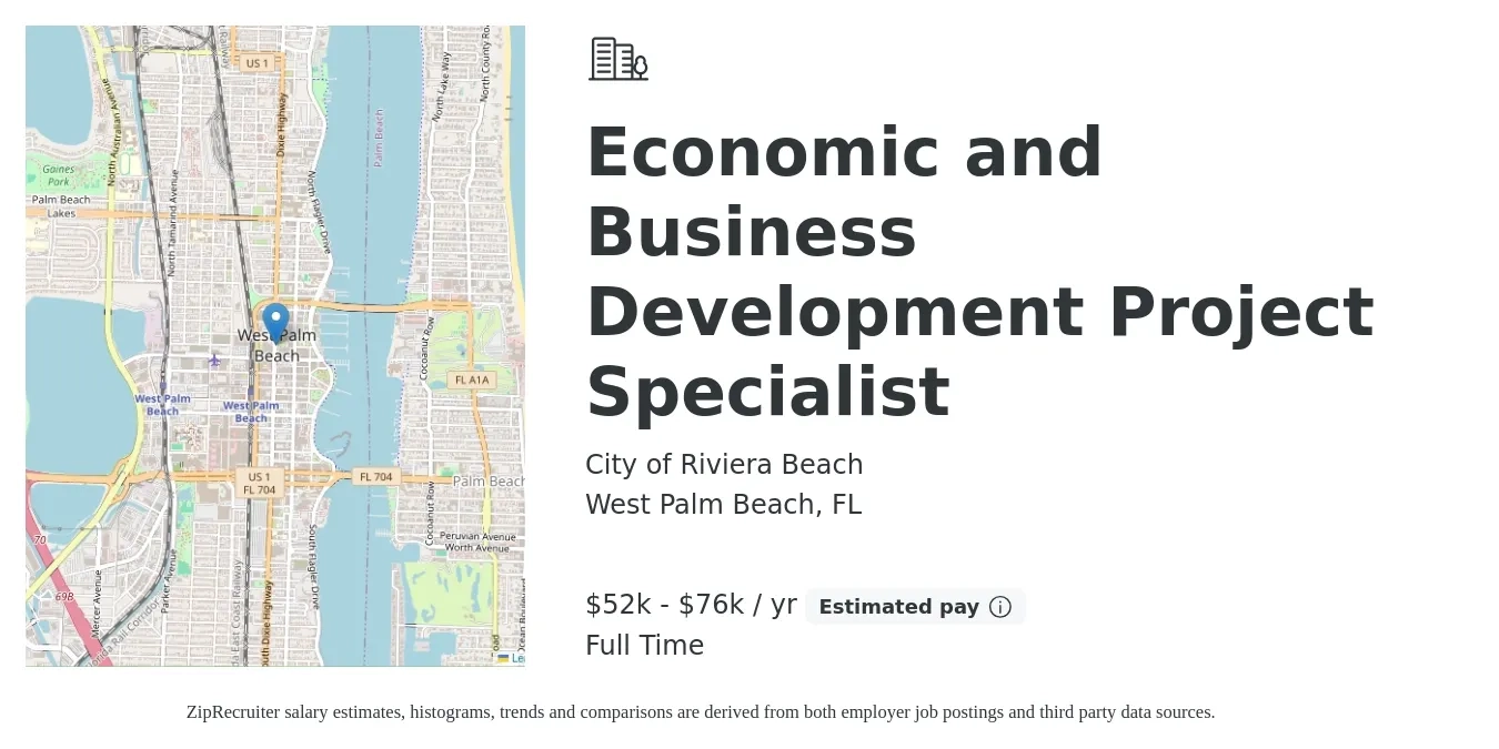 City of Riviera Beach job posting for a Economic and Business Development Project Specialist in West Palm Beach, FL with a salary of $52,000 to $76,960 Yearly with a map of West Palm Beach location.