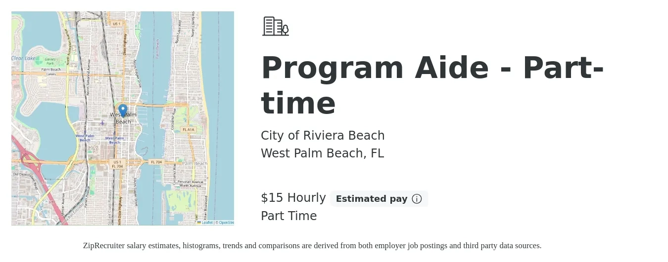City of Riviera Beach job posting for a Program Aide - Part-time in West Palm Beach, FL with a salary of $16 Hourly with a map of West Palm Beach location.