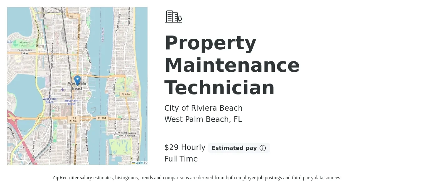City of Riviera Beach job posting for a Property Maintenance Technician in West Palm Beach, FL with a salary of $18 to $24 Hourly with a map of West Palm Beach location.