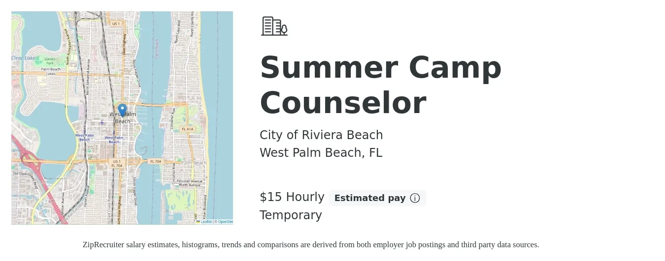 City of Riviera Beach job posting for a Summer Camp Counselor in West Palm Beach, FL with a salary of $16 Hourly with a map of West Palm Beach location.