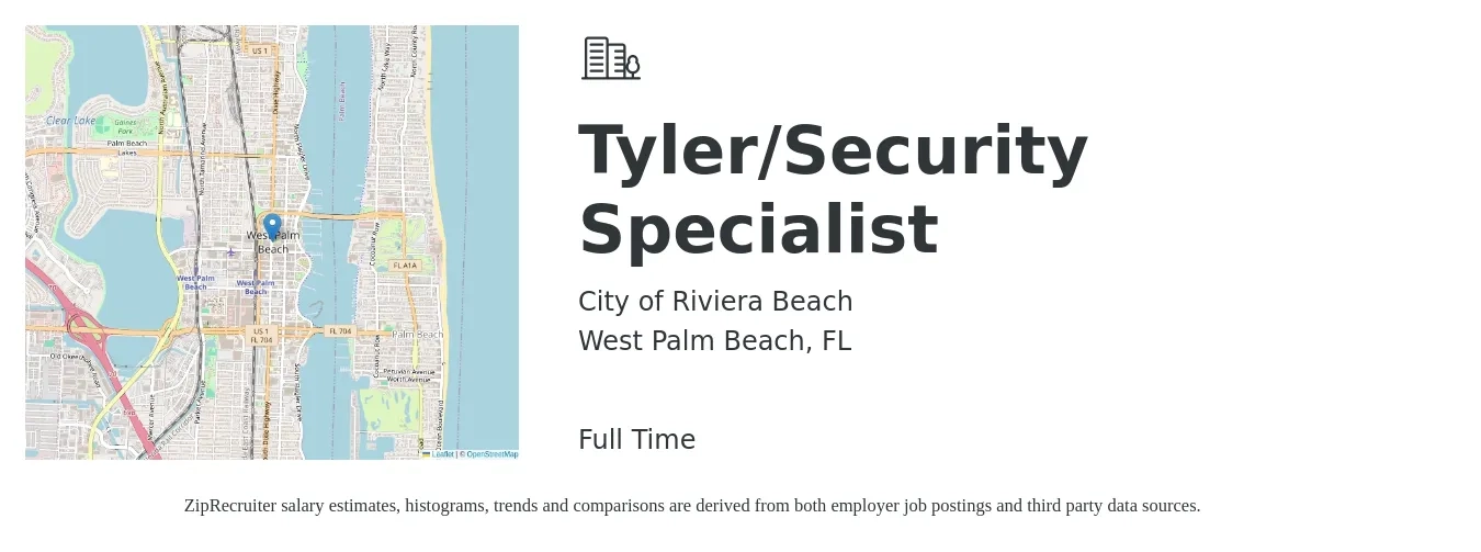 City of Riviera Beach job posting for a Tyler/Security Specialist in West Palm Beach, FL with a salary of $67,700 to $112,700 Yearly with a map of West Palm Beach location.
