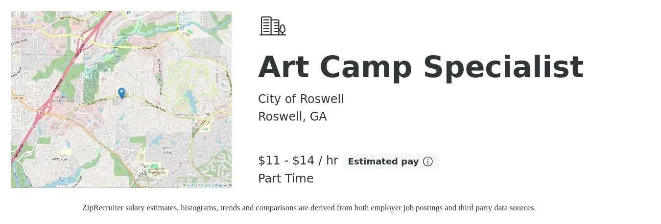 City of Roswell job posting for a Art Camp Specialist in Roswell, GA with a salary of $12 to $15 Hourly with a map of Roswell location.