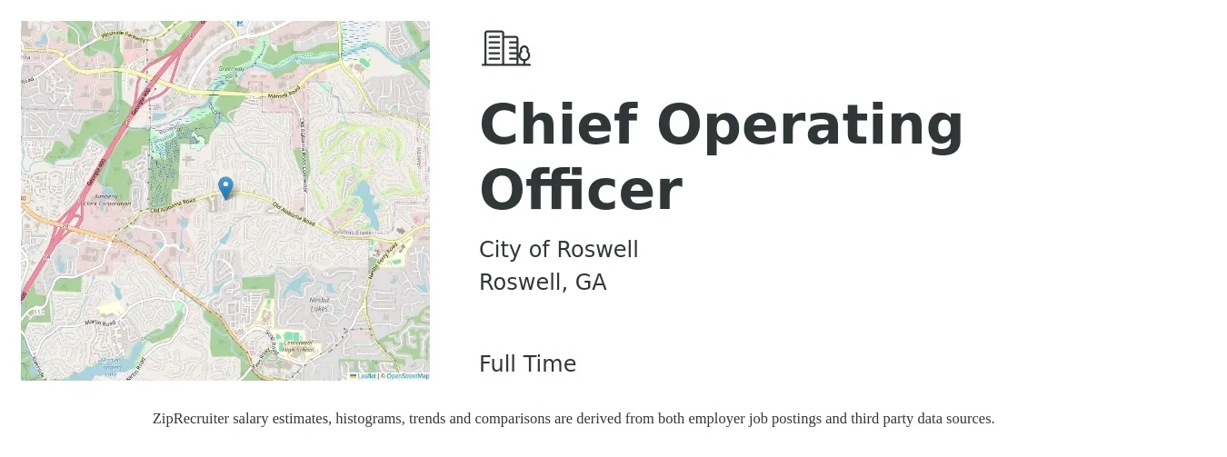 City of Roswell job posting for a Chief Operating Officer in Roswell, GA with a salary of $102,600 to $170,200 Yearly with a map of Roswell location.