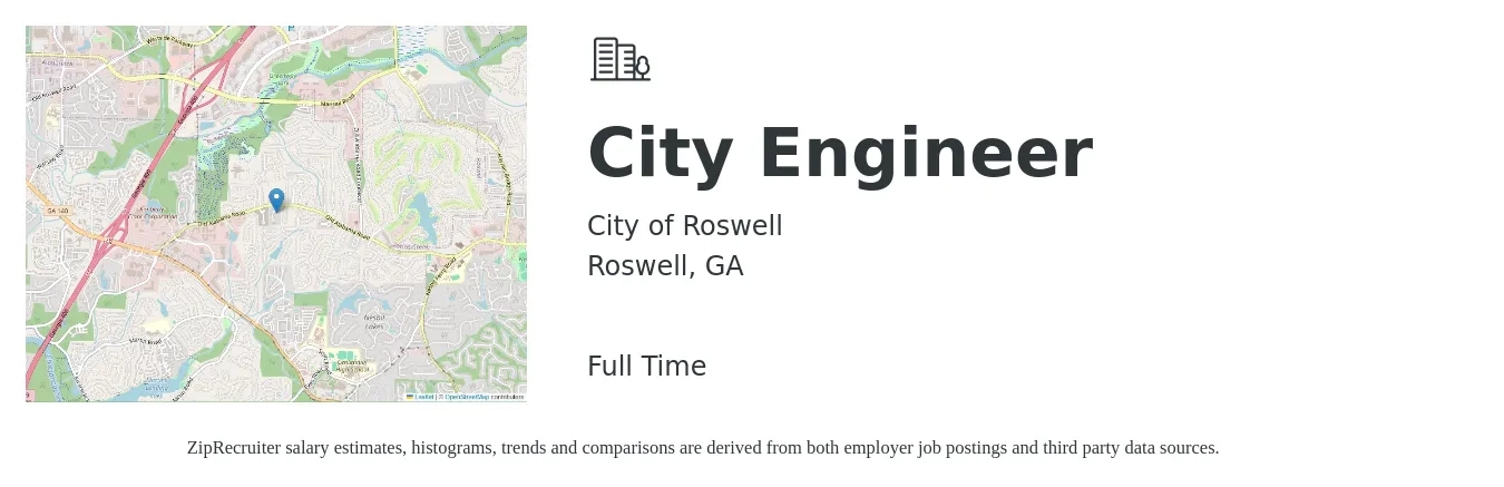 City of Roswell job posting for a City Engineer in Roswell, GA with a salary of $76,800 to $122,800 Yearly with a map of Roswell location.