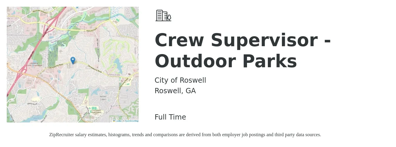 City of Roswell job posting for a Crew Supervisor - Outdoor Parks in Roswell, GA with a salary of $24 to $31 Hourly with a map of Roswell location.