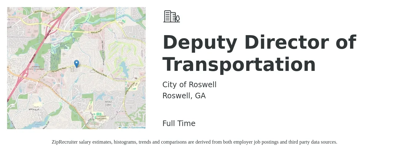 City of Roswell job posting for a Deputy Director of Transportation in Roswell, GA with a salary of $91,458 to $118,893 Yearly with a map of Roswell location.