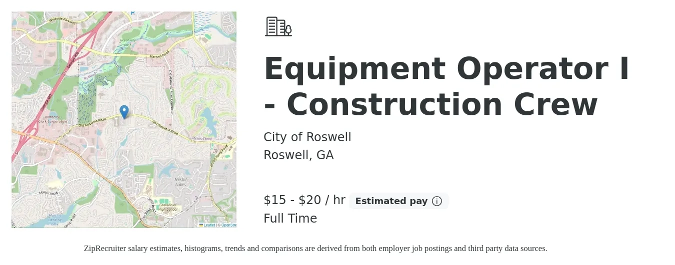 City of Roswell job posting for a Equipment Operator I - Construction Crew in Roswell, GA with a salary of $16 to $21 Hourly with a map of Roswell location.