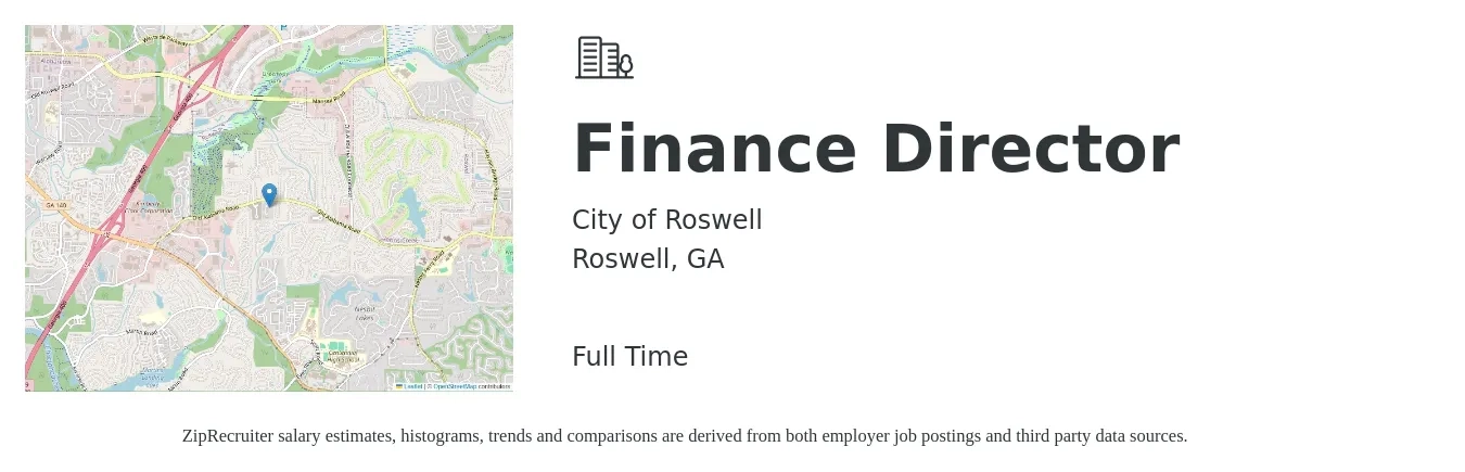 City of Roswell job posting for a Finance Director in Roswell, GA with a salary of $145,000 Yearly with a map of Roswell location.