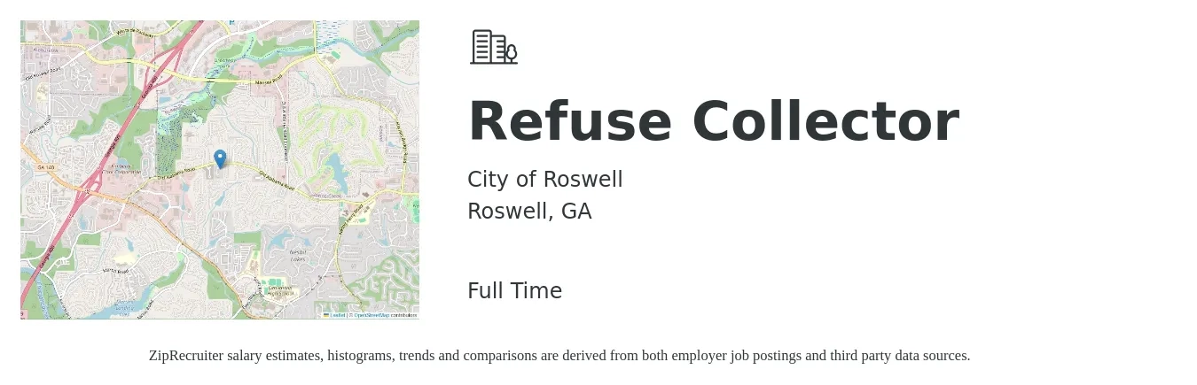 City of Roswell job posting for a Refuse Collector in Roswell, GA with a salary of $13 to $17 Hourly with a map of Roswell location.