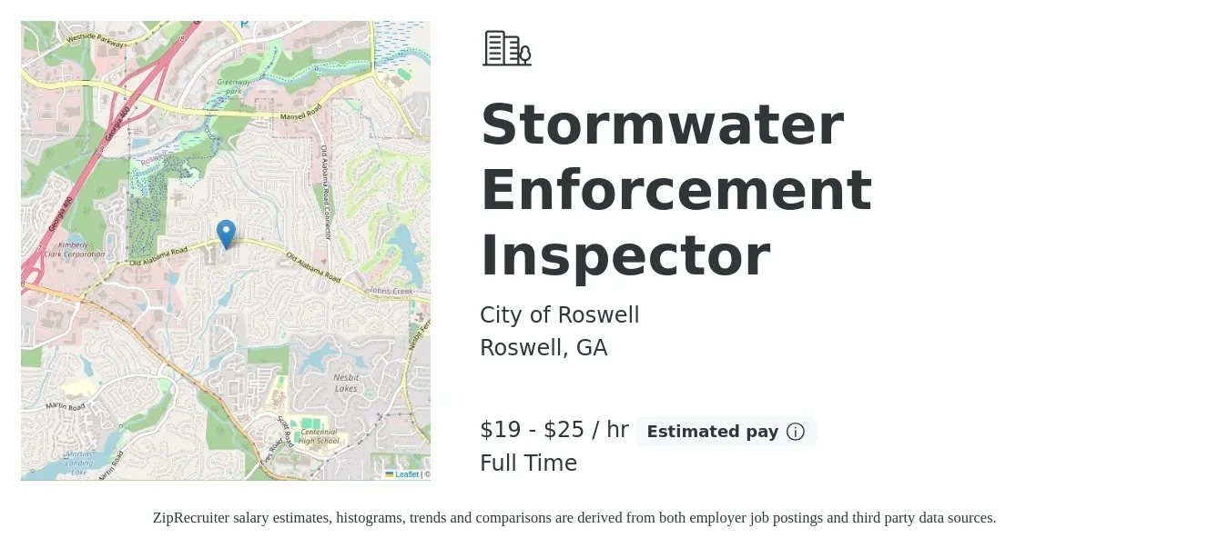 City of Roswell job posting for a Stormwater Enforcement Inspector in Roswell, GA with a salary of $20 to $26 Hourly with a map of Roswell location.