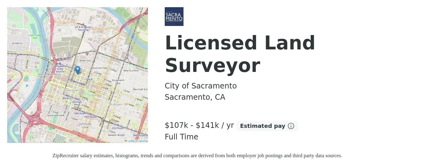 City of Sacramento job posting for a Licensed Land Surveyor in Sacramento, CA with a salary of $85,400 to $116,800 Yearly with a map of Sacramento location.