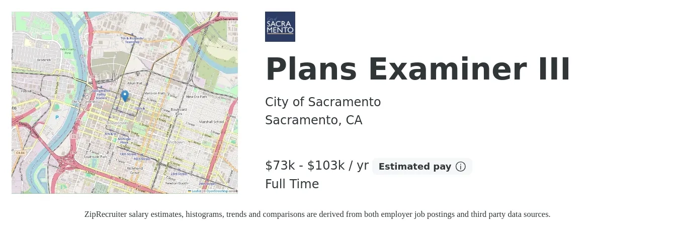 City of Sacramento job posting for a Plans Examiner III in Sacramento, CA with a salary of $73,310 to $103,155 Yearly with a map of Sacramento location.
