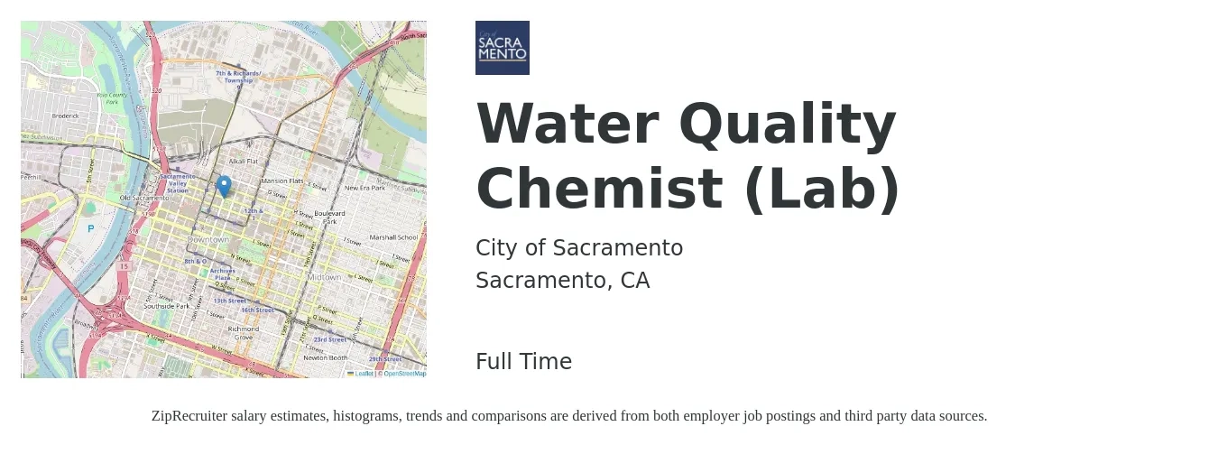 City of Sacramento job posting for a Water Quality Chemist (Lab) in Sacramento, CA with a salary of $28 to $40 Hourly with a map of Sacramento location.