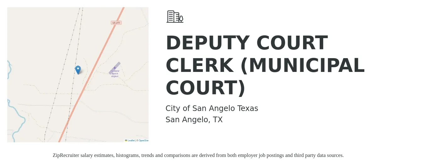 City of San Angelo Texas job posting for a DEPUTY COURT CLERK (MUNICIPAL COURT) in San Angelo, TX with a salary of $32,291 Yearly with a map of San Angelo location.