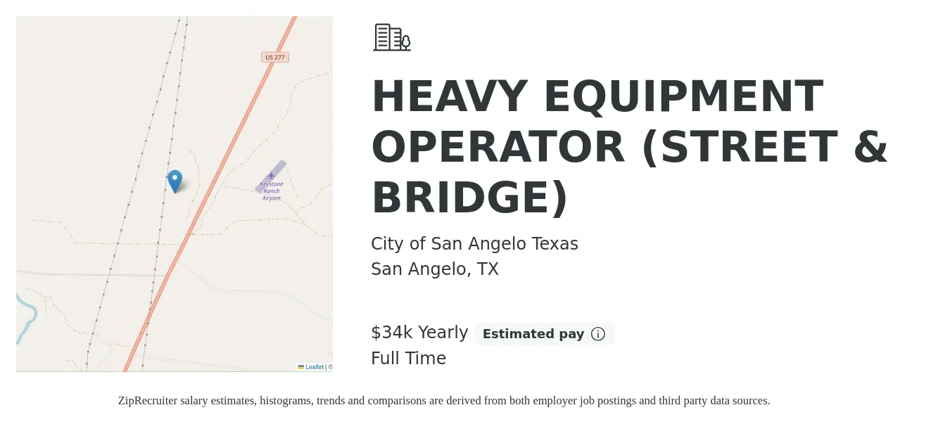 City of San Angelo Texas job posting for a HEAVY EQUIPMENT OPERATOR (STREET & BRIDGE) in San Angelo, TX with a salary of $34,035 Yearly with a map of San Angelo location.