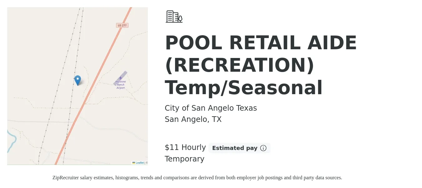 City of San Angelo Texas job posting for a POOL RETAIL AIDE (RECREATION) Temp/Seasonal in San Angelo, TX with a salary of $12 Hourly with a map of San Angelo location.