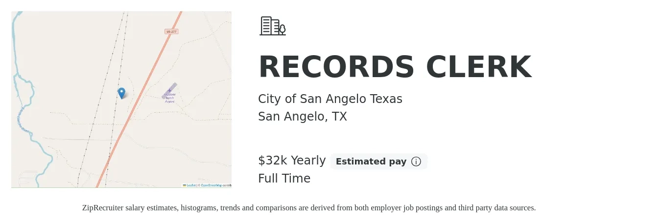 City of San Angelo Texas job posting for a RECORDS CLERK in San Angelo, TX with a salary of $16 to $21 Hourly with a map of San Angelo location.