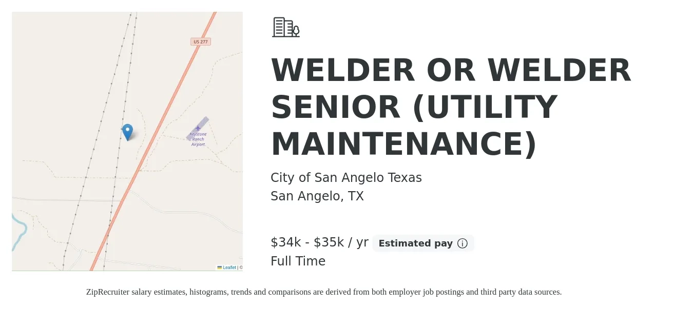 City of San Angelo Texas job posting for a WELDER OR WELDER SENIOR (UTILITY MAINTENANCE) in San Angelo, TX with a salary of $34,035 to $35,872 Yearly with a map of San Angelo location.