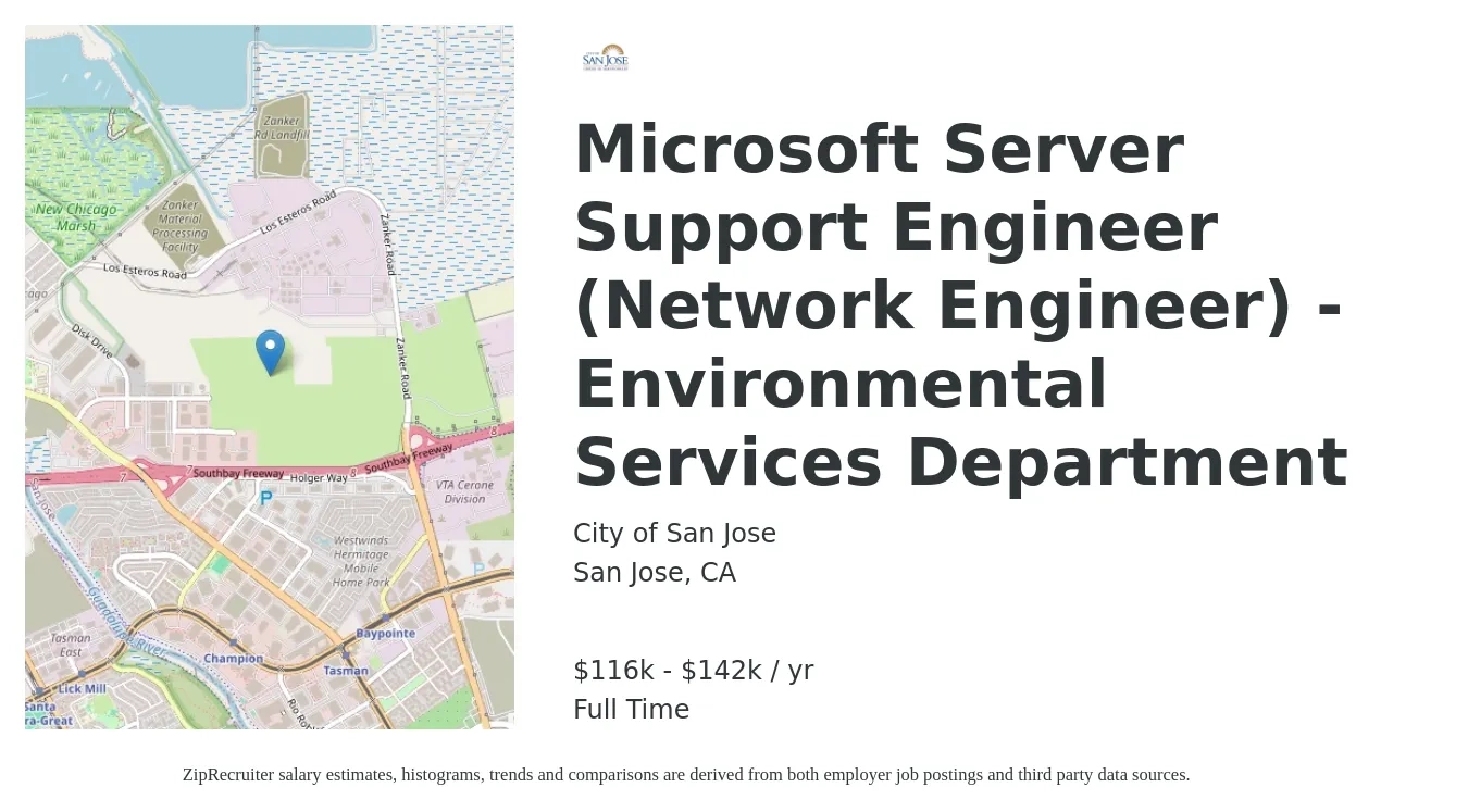 City of San Jose job posting for a Microsoft Server Support Engineer (Network Engineer) - Environmental Services Department in San Jose, CA with a salary of $116,910 to $142,244 Yearly with a map of San Jose location.