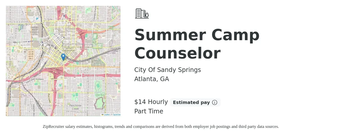 City Of Sandy Springs job posting for a Summer Camp Counselor in Atlanta, GA with a salary of $15 Hourly with a map of Atlanta location.