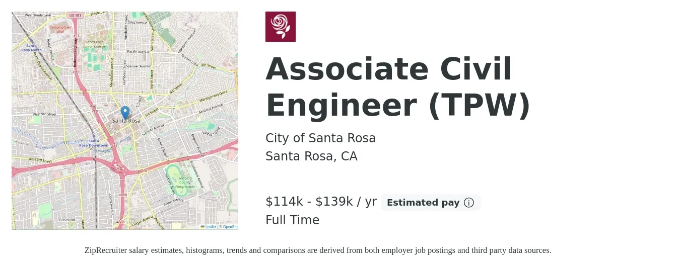 City of Santa Rosa job posting for a Associate Civil Engineer (TPW) in Santa Rosa, CA with a salary of $114,550 to $139,234 Yearly with a map of Santa Rosa location.