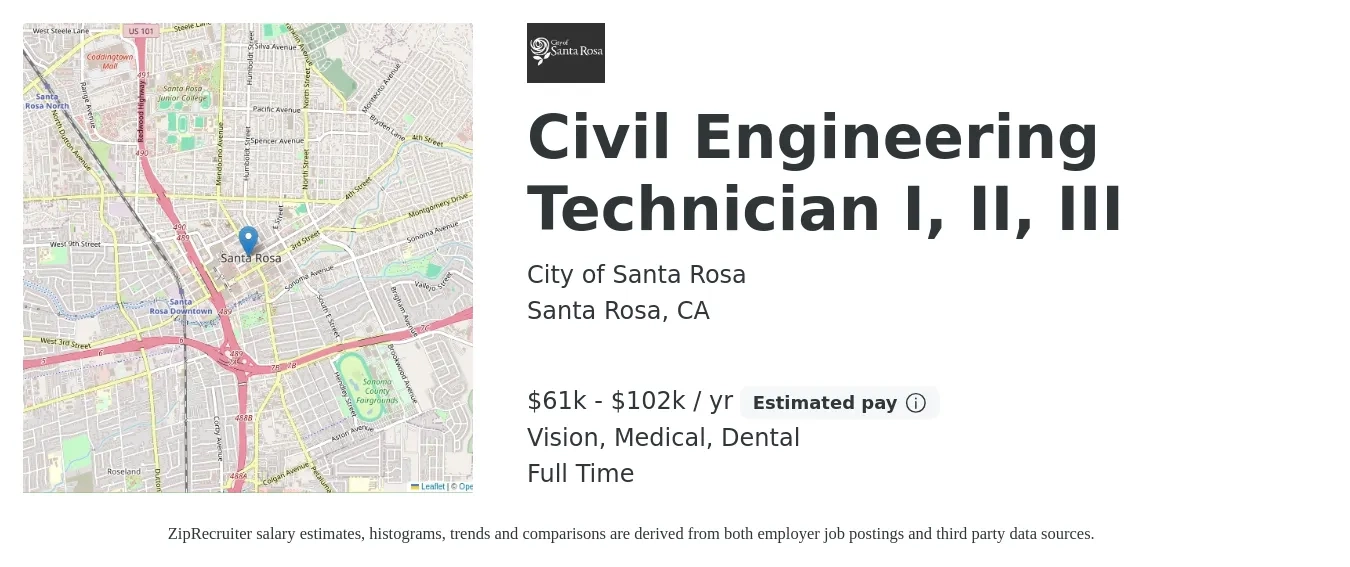 City of Santa Rosa job posting for a Civil Engineering Technician I, II, III in Santa Rosa, CA with a salary of $61,416 to $102,792 Yearly with a map of Santa Rosa location.