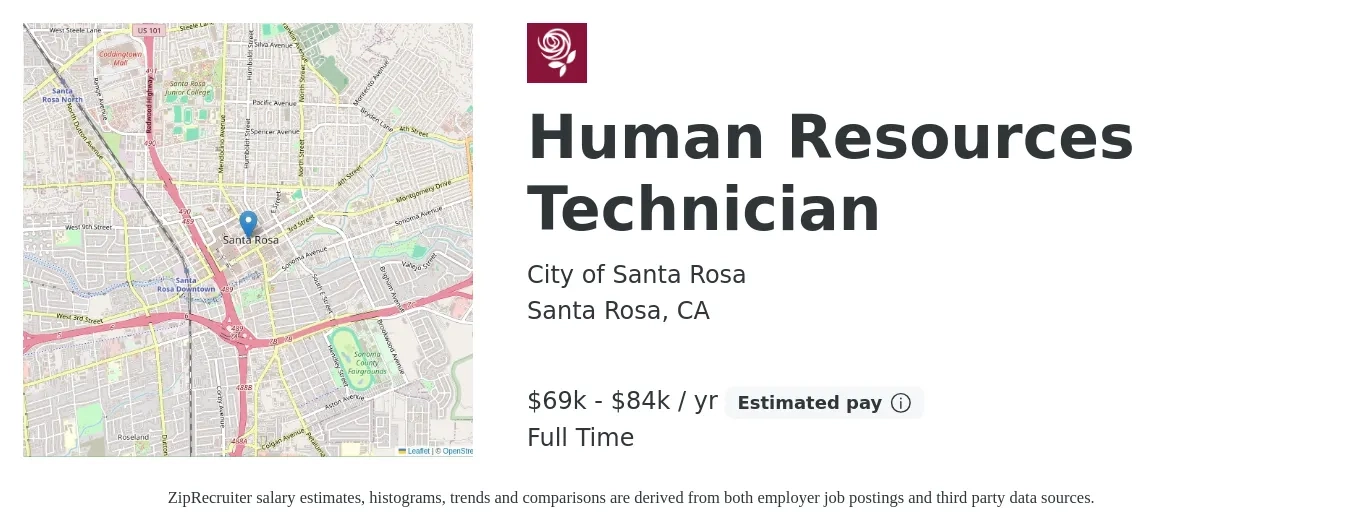 City of Santa Rosa job posting for a Human Resources Technician in Santa Rosa, CA with a salary of $69,677 to $84,833 Yearly with a map of Santa Rosa location.