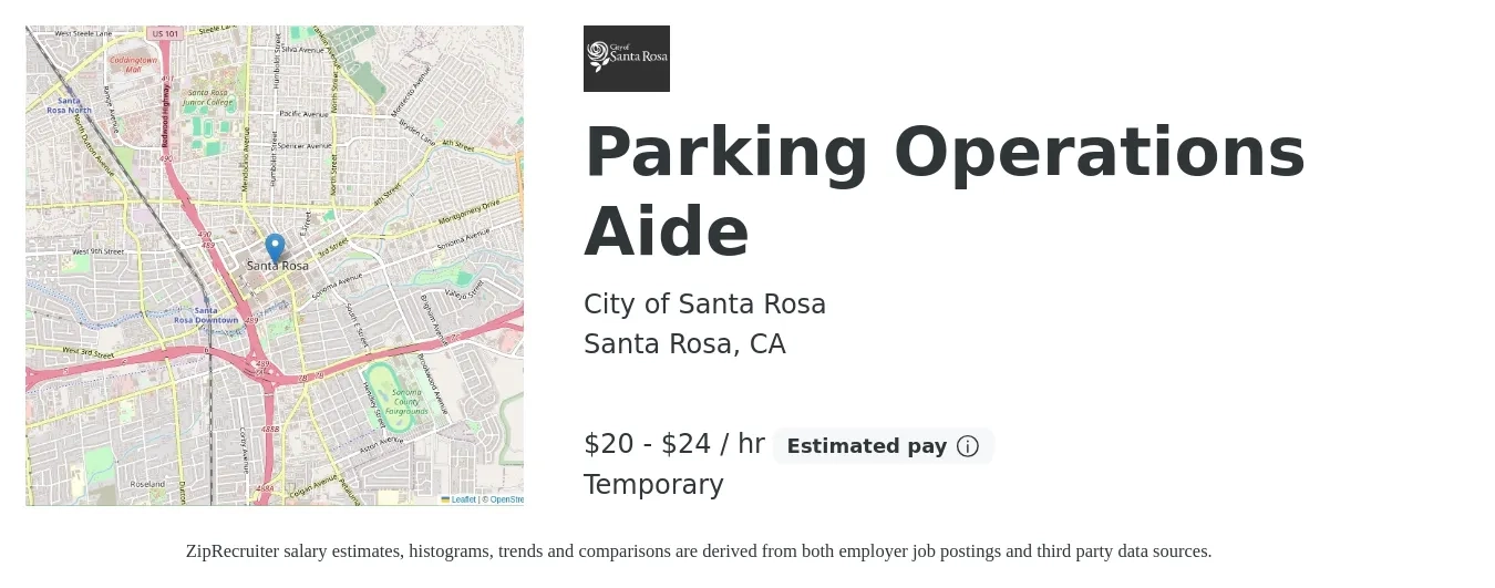 City of Santa Rosa job posting for a Parking Operations Aide in Santa Rosa, CA with a salary of $43,200 to $112,100 Yearly with a map of Santa Rosa location.