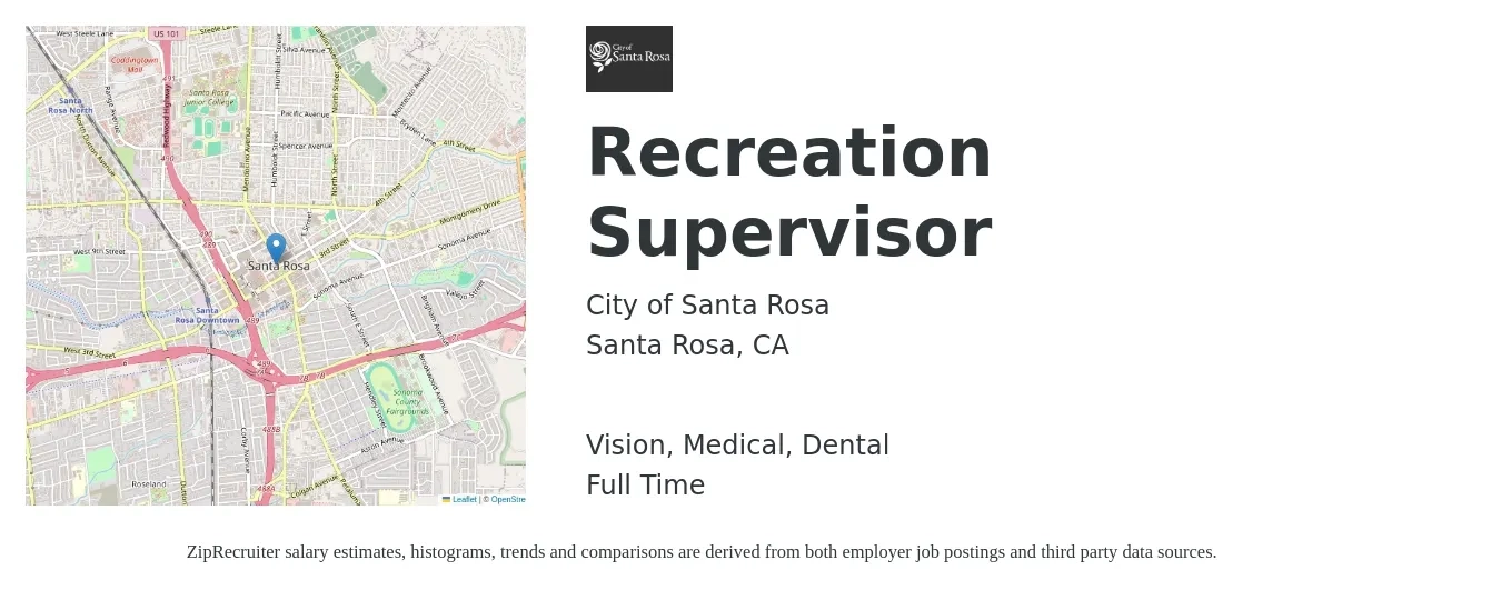 City of Santa Rosa job posting for a Recreation Supervisor in Santa Rosa, CA with a salary of $6,961 to $8,304 Monthly and benefits including dental, life_insurance, medical, pto, retirement, and vision with a map of Santa Rosa location.