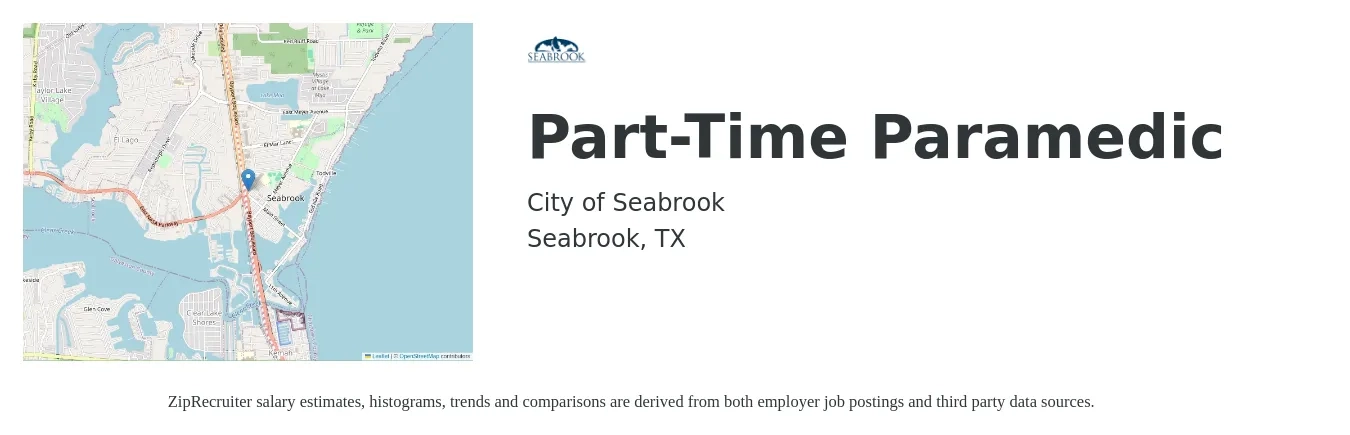 City of Seabrook job posting for a Part-Time Paramedic in Seabrook, TX with a salary of $20 to $28 Hourly with a map of Seabrook location.