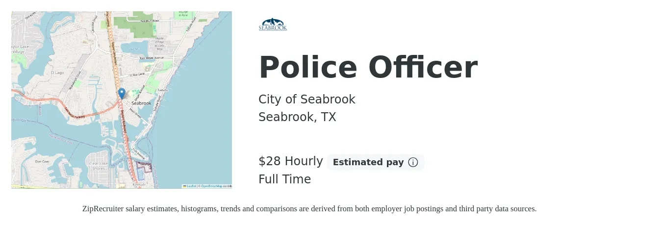 City of Seabrook job posting for a Police Officer in Seabrook, TX with a salary of $62,483 Yearly with a map of Seabrook location.