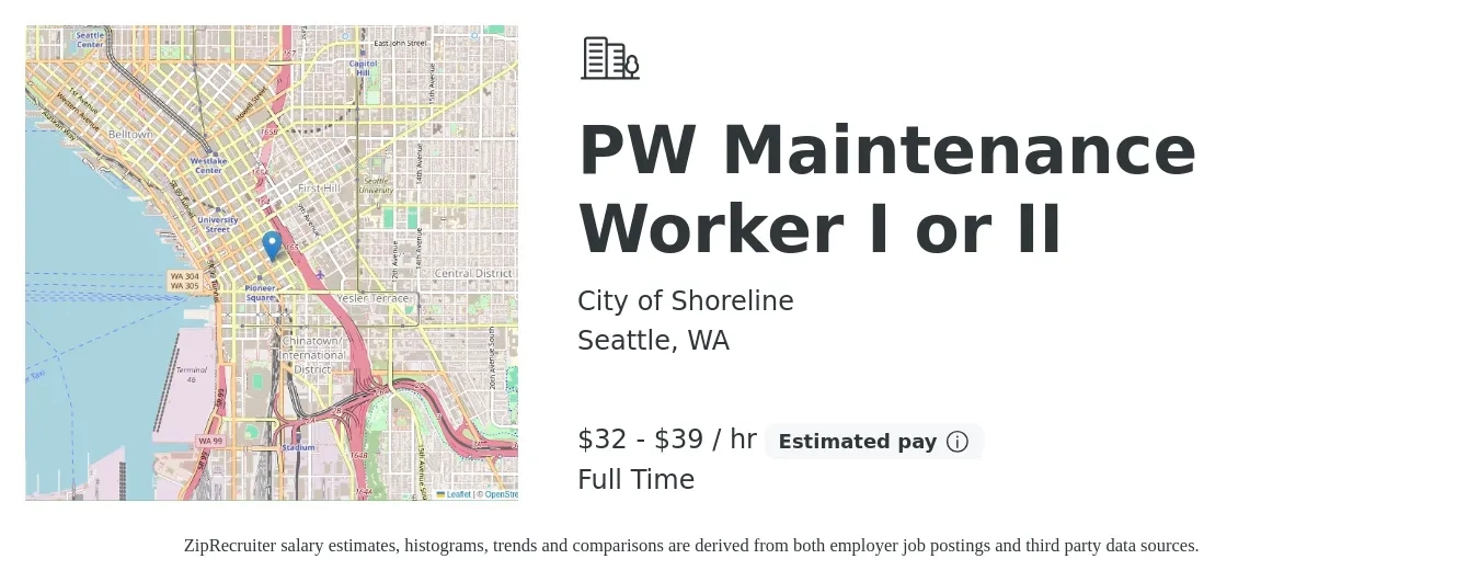 City of Shoreline job posting for a PW Maintenance Worker I or II in Seattle, WA with a salary of $33 to $41 Hourly with a map of Seattle location.